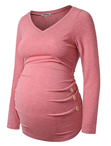 GINKANA Umstandsshirt Langarm Basic Top Rüschen Seiten Knöpfe T-Shirt für Schwangere - Pink - Groß von GINKANA