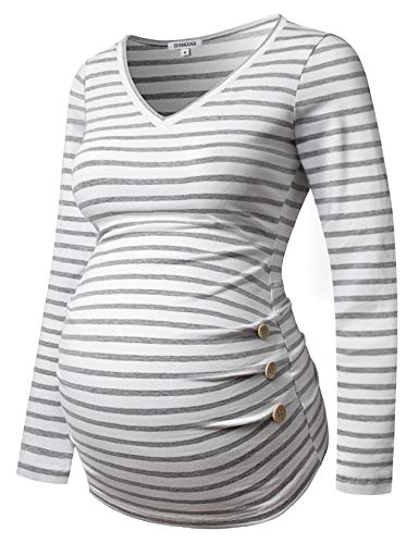GINKANA Umstandsshirt Langarm Basic Top Rüschen Seiten Knöpfe Tshirt für Schwangere, Weiß mit grauen Streifen, X-Groß von GINKANA