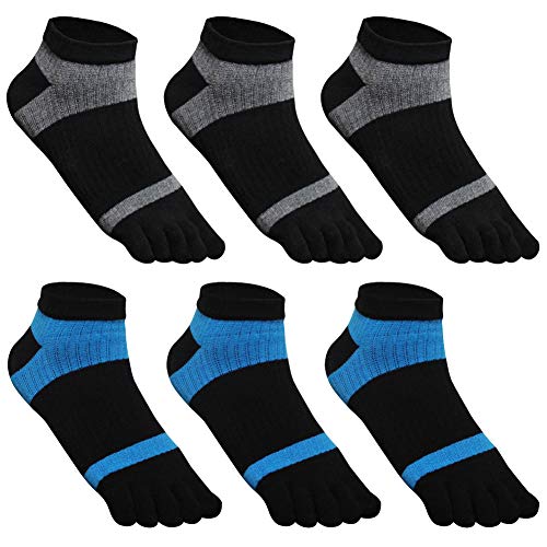 GINZIN 6 Paare Männer Zehensocken - Low Cut fünf Finger Socken- Herren Baumwoll Sportsocken (3 X Schwarz/Grau + 3 X Schwarz/Blau),44-46 von GINZIN