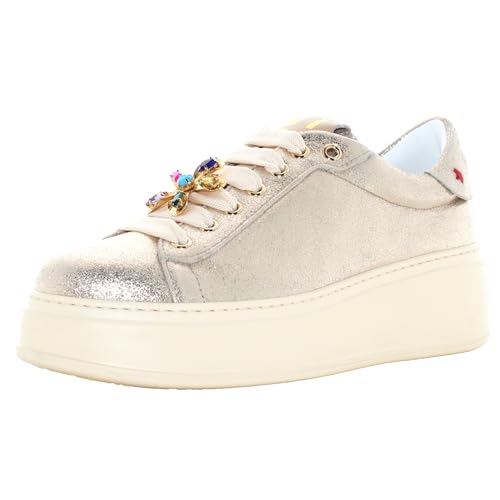 GIO+ PIA315B Combi Puder Gold Sneakers für Damen aus grauem satiniertem Leder mit Applikationen, Kombi-Pulver, 36 EU von GIO+