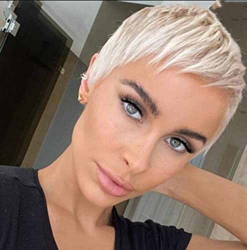 Pixie Cut Perücke, kurz, blond, für weiß-schwarze Frauen, gerade geschichtete Frisur, klebefreie Perücke, synthetische Halloween-Cosplay-Ersatz von GIOBOY