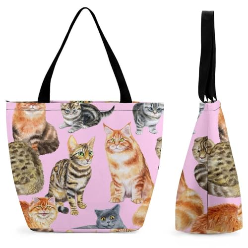 Cartoon-Katze Damen Handtasche Shopper Umhängetasche Schultertasche Tragetasche Mit Reißverschluss 28.5x18x32.5cm von GIOKQB