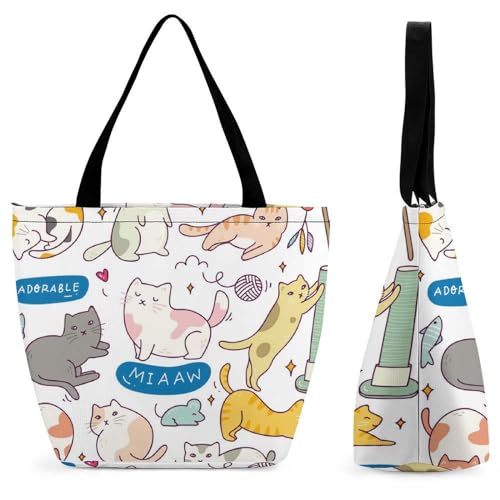 Cartoon-Katzen Damen Handtasche Shopper Umhängetasche Schultertasche Tragetasche Mit Reißverschluss 28.5x18x32.5cm von GIOKQB