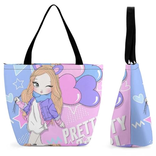 Cartoon Mädchen Damen Handtasche Shopper Umhängetasche Schultertasche Tragetasche Mit Reißverschluss 28.5x18x32.5cm von GIOKQB