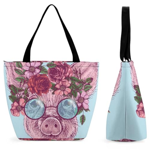 Cartoon Schwein Damen Handtasche Shopper Umhängetasche Schultertasche Tragetasche Mit Reißverschluss 28.5x18x32.5cm von GIOKQB