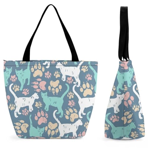 GIOKQB Blau Weiße Katze Damen Handtasche Shopper Umhängetasche Schultertasche Tragetasche Mit Reißverschluss 28.5x18x32.5cm von GIOKQB