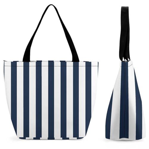 GIOKQB Blaue Weiße Streifen Damen Handtasche Shopper Umhängetasche Schultertasche Tragetasche Mit Reißverschluss 28.5x18x32.5cm von GIOKQB