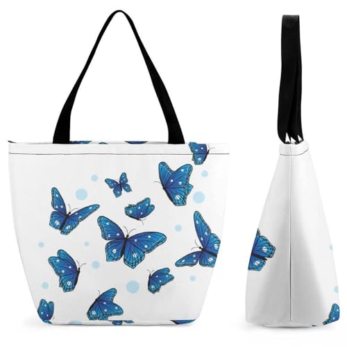 GIOKQB Blauer Schmetterling Damen Handtasche Shopper Umhängetasche Schultertasche Tragetasche Mit Reißverschluss 28.5x18x32.5cm von GIOKQB