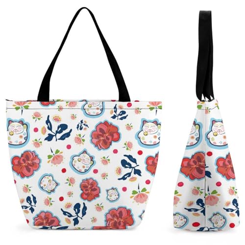 GIOKQB Blumen Katze Damen Handtasche Shopper Umhängetasche Schultertasche Tragetasche Mit Reißverschluss 28.5x18x32.5cm von GIOKQB