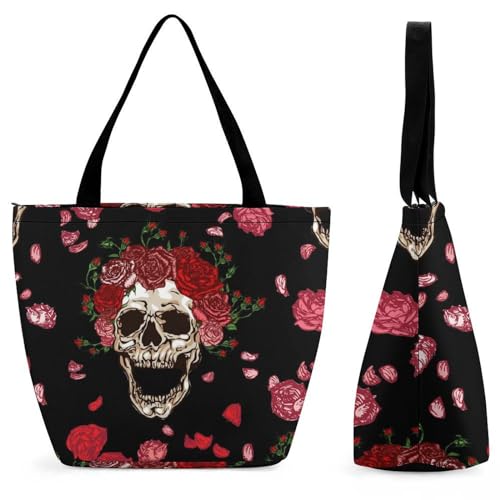 GIOKQB Blumen-Totenkopf Damen Handtasche Shopper Umhängetasche Schultertasche Tragetasche Mit Reißverschluss 28.5x18x32.5cm von GIOKQB