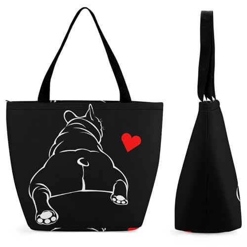 GIOKQB Bulldogge Schwarz Damen Handtasche Shopper Umhängetasche Schultertasche Tragetasche Mit Reißverschluss 28.5x18x32.5cm von GIOKQB