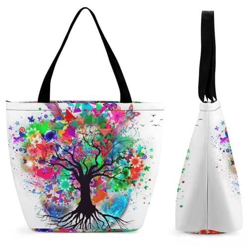 GIOKQB Farbe Baum Schmetterling Damen Handtasche Shopper Umhängetasche Schultertasche Tragetasche Mit Reißverschluss 28.5x18x32.5cm von GIOKQB