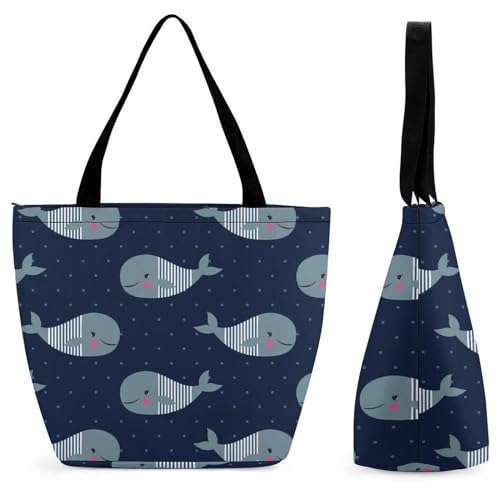 GIOKQB Gestreifter Blauer Fisch Damen Handtasche Shopper Umhängetasche Schultertasche Tragetasche Mit Reißverschluss 28.5x18x32.5cm von GIOKQB