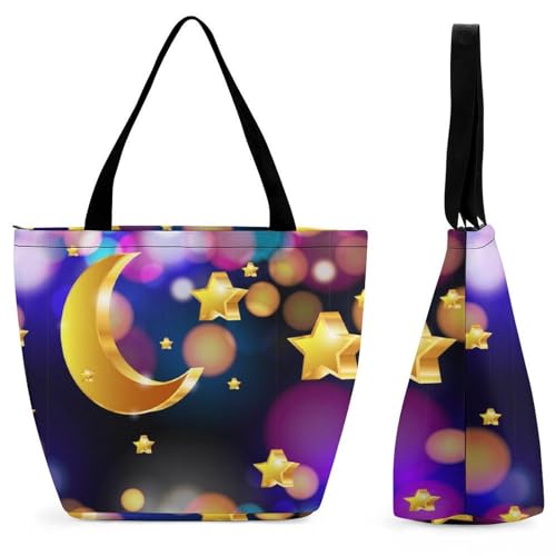 GIOKQB Goldene Sterne Mond Damen Handtasche Shopper Umhängetasche Schultertasche Tragetasche Mit Reißverschluss 28.5x18x32.5cm von GIOKQB