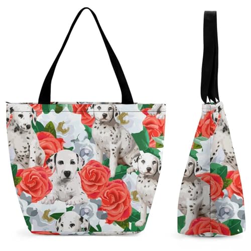 GIOKQB Hund Und Rose Damen Handtasche Shopper Umhängetasche Schultertasche Tragetasche Mit Reißverschluss 28.5x18x32.5cm von GIOKQB