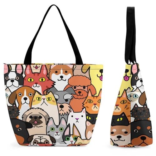 GIOKQB Katze Hund Damen Handtasche Shopper Umhängetasche Schultertasche Tragetasche Mit Reißverschluss 28.5x18x32.5cm von GIOKQB