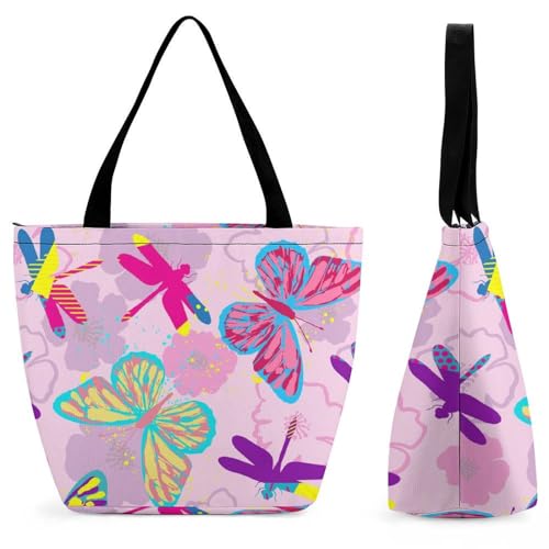 GIOKQB Libelle Schmetterling Damen Handtasche Shopper Umhängetasche Schultertasche Tragetasche Mit Reißverschluss 28.5x18x32.5cm von GIOKQB