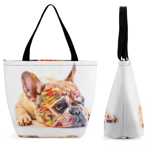 GIOKQB Mops Hund Farbe Malen Damen Handtasche Shopper Umhängetasche Schultertasche Tragetasche Mit Reißverschluss 28.5x18x32.5cm von GIOKQB