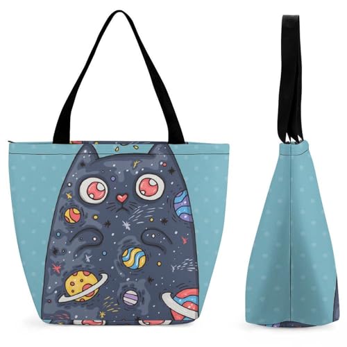 GIOKQB Planet Weltraum Katze Damen Handtasche Shopper Umhängetasche Schultertasche Tragetasche Mit Reißverschluss 28.5x18x32.5cm von GIOKQB