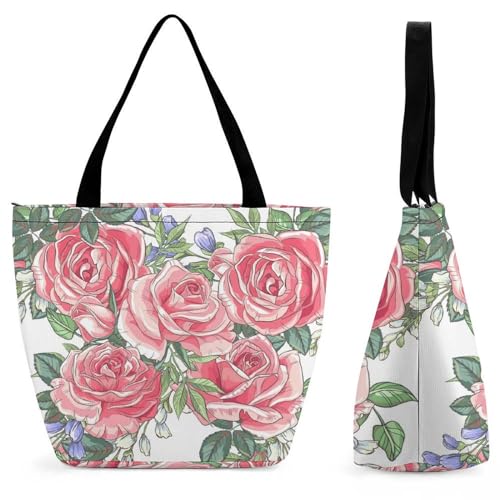 GIOKQB Rosa Blume Damen Handtasche Shopper Umhängetasche Schultertasche Tragetasche Mit Reißverschluss 28.5x18x32.5cm von GIOKQB