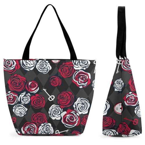 GIOKQB Rot-Weiße Rosen Damen Handtasche Shopper Umhängetasche Schultertasche Tragetasche Mit Reißverschluss 28.5x18x32.5cm von GIOKQB