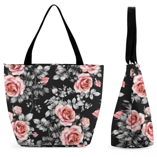 GIOKQB Rote Blumen Damen Handtasche Shopper Umhängetasche Schultertasche Tragetasche Mit Reißverschluss 28.5x18x32.5cm von GIOKQB