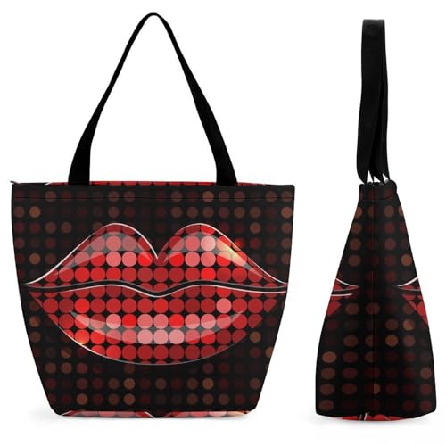 GIOKQB Rote Lippen Damen Handtasche Shopper Umhängetasche Schultertasche Tragetasche Mit Reißverschluss 28.5x18x32.5cm von GIOKQB