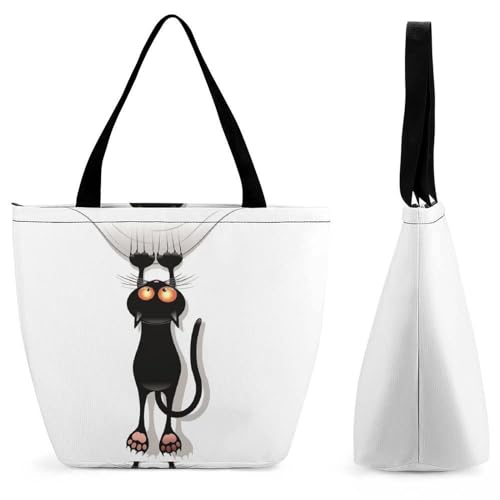 GIOKQB Schwarze Katze Damen Handtasche Shopper Umhängetasche Schultertasche Tragetasche Mit Reißverschluss 28.5x18x32.5cm von GIOKQB