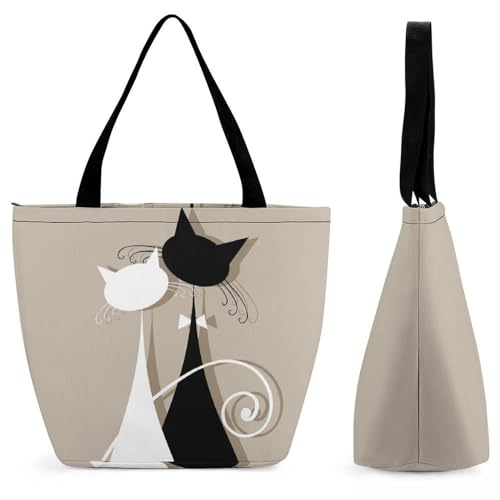 GIOKQB Schwarze Weiße Katze Damen Handtasche Shopper Umhängetasche Schultertasche Tragetasche Mit Reißverschluss 28.5x18x32.5cm von GIOKQB