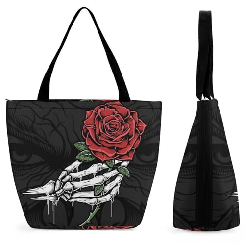 GIOKQB Totenkopf Hand Rose Damen Handtasche Shopper Umhängetasche Schultertasche Tragetasche Mit Reißverschluss 28.5x18x32.5cm von GIOKQB