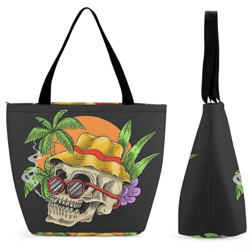 GIOKQB Totenkopf Tropisch Damen Handtasche Shopper Umhängetasche Schultertasche Tragetasche Mit Reißverschluss 28.5x18x32.5cm von GIOKQB