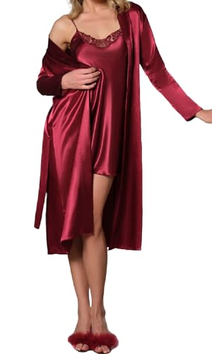 GIONA Damen Satin Sexy Morgenmantel mit Nachthemd Zweiteiliger Nachtwäsche Bademantel Kurz Negligee Set Seiden (Bordeaux, M) von GIONA