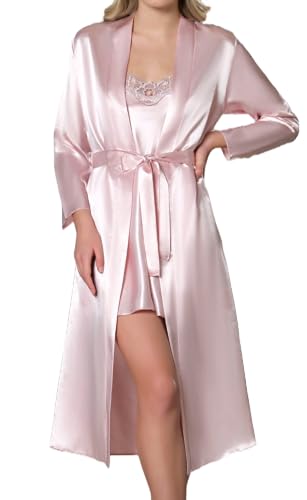 GIONA Damen Satin Sexy Morgenmantel mit Nachthemd Zweiteiliger Nachtwäsche Bademantel Kurz Negligee Set Seiden (Puder, L) von GIONA