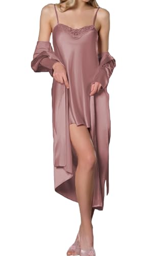 GIONA Damen Satin Sexy Morgenmantel mit Nachthemd Zweiteiliger Nachtwäsche Bademantel Kurz Negligee Set Seiden (Rose, M) von GIONA