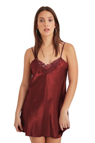 GIONA Negligee Lady Sexy Spitze Babydoll Nachthemd V Ausschnitt Nachthemd Kurz Satin Sommer Nachthemd Verstellbare Träger Frauen Nachtwäsche (Bordeaux, M) von GIONA