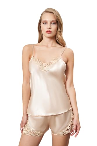 GIONA Schlafanzug Damen Sexy Pyjama Set Satin Nachtwäsche Sommer Kurz Hausanzug Spitzen Top und Shorts Negligee V-Ausschnitt Sleepwear (DE/NL/SE/PL, Alphanumerisch, L, Regular, Regular, Perlenfarbe) von GIONA