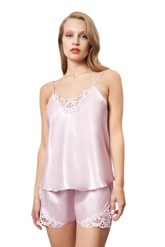 GIONA Schlafanzug Damen Sexy Pyjama Set Satin Nachtwäsche Sommer Kurz Hausanzug Spitzen Top und Shorts Negligee V-Ausschnitt Sleepwear (DE/NL/SE/PL, Alphanumerisch, L, Regular, Regular, Pulverfarbe) von GIONA