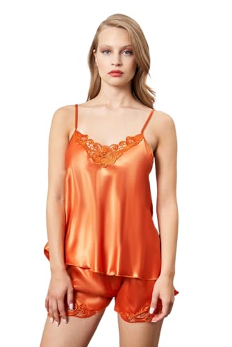 GIONA Schlafanzug Damen Sexy Pyjama Set Satin Nachtwäsche Sommer Kurz Hausanzug Spitzen Top und Shorts Negligee V-Ausschnitt Sleepwear (DE/NL/SE/PL, Alphanumerisch, XL, Regular, Regular, Orange) von GIONA