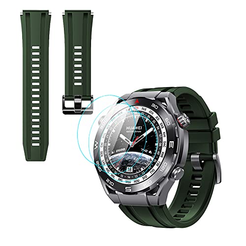 GIOPUEY Armband Kompatibel mit Huawei Watch Ultimate, [2 in 1] TPU Silikon Armband + 3 Stück Schutzfolie [Verschleißfest] [Atmungsaktiv] Ersatzarmband - Armee grün von GIOPUEY