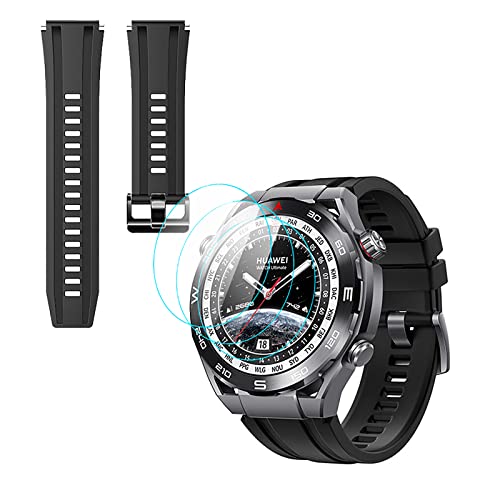 GIOPUEY Armband Kompatibel mit Huawei Watch Ultimate, [2 in 1] TPU Silikon Armband + 3 Stück Schutzfolie [Verschleißfest] [Atmungsaktiv] Ersatzarmband - Black von GIOPUEY