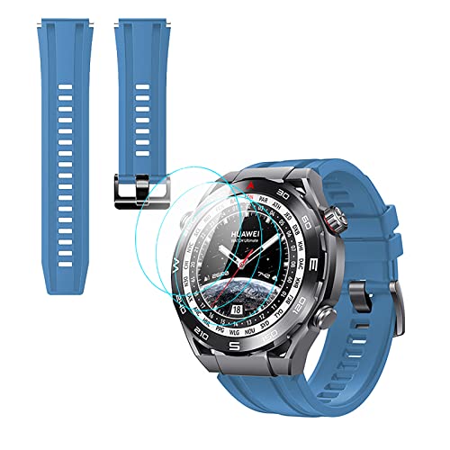 GIOPUEY Armband Kompatibel mit Huawei Watch Ultimate, [2 in 1] TPU Silikon Armband + 3 Stück Schutzfolie [Verschleißfest] [Atmungsaktiv] Ersatzarmband - Blau von GIOPUEY