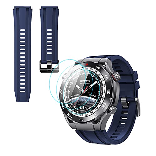 GIOPUEY Armband Kompatibel mit Huawei Watch Ultimate, [2 in 1] TPU Silikon Armband + 3 Stück Schutzfolie [Verschleißfest] [Atmungsaktiv] Ersatzarmband - Dunkelblau von GIOPUEY