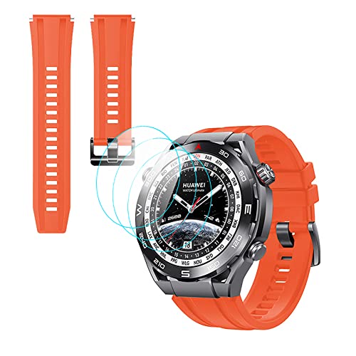 GIOPUEY Armband Kompatibel mit Huawei Watch Ultimate, [2 in 1] TPU Silikon Armband + 3 Stück Schutzfolie [Verschleißfest] [Atmungsaktiv] Ersatzarmband - Orange von GIOPUEY