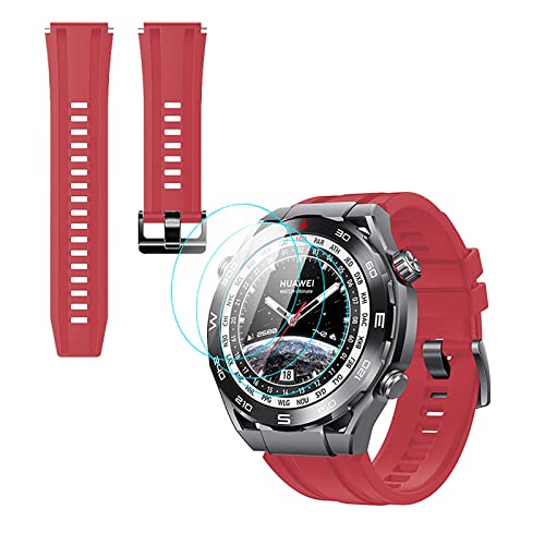 GIOPUEY Armband Kompatibel mit Huawei Watch Ultimate, [2 in 1] TPU Silikon Armband + 3 Stück Schutzfolie [Verschleißfest] [Atmungsaktiv] Ersatzarmband - Rot von GIOPUEY