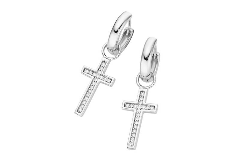 GIORGIO MARTELLO MILANO Paar Creolen Behang Kreuz, weiße Zirkonia oder schwarze Spinelle, Silber 925 von GIORGIO MARTELLO MILANO