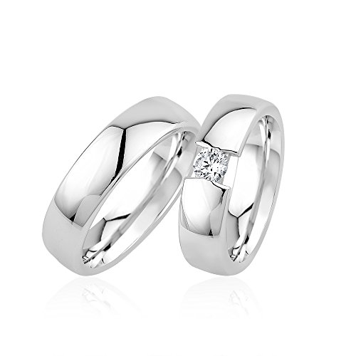 GIORO Alice 28 Eheringe Verlobungsringe Trauringe Freundschaftsringe Silber 925 *handgefasster Stein* Paarpreis Set Partnerringe Silber Weißgold Platin Optik Ringpaar Hochzeitsringe von GIORO