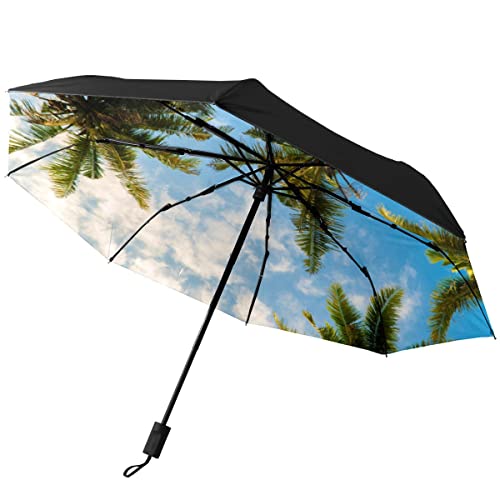 GISPOG Automatischer faltbarer Regenschirm, Kokospalmen Himmel, wasserdicht, kompakt, Sonne und Regen, Reise-Regenschirme, einfarbig, Einheitsgröße von GISPOG