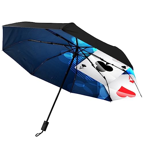 GISPOG Automatischer faltbarer Regenschirm, Spielkarten, leuchtet blau, wasserdicht, kompakt, Sonnen- und Regenschirme, einfarbig, Einheitsgröße von GISPOG