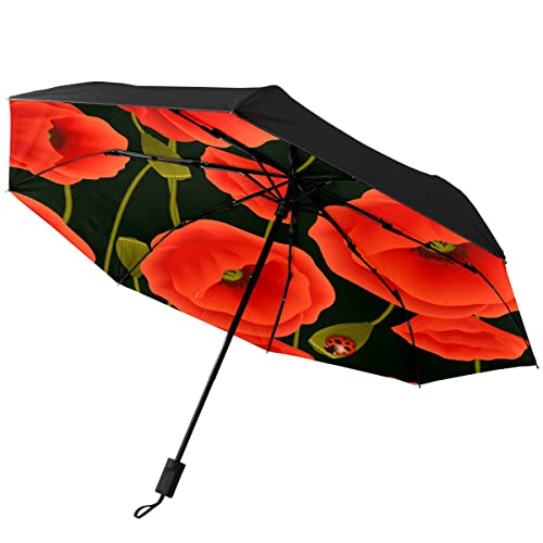 GISPOG Automatischer faltbarer Regenschirm, rote Mohnblumen, Pflanze, wasserdicht, kompakt, Sonnen- und Regenschirme, einfarbig, Einheitsgröße von GISPOG