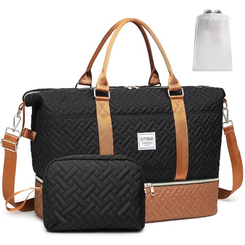 Reisetasche für Damen, 50 l, gesteppt, Reise-Wochenendtasche mit Schuhfach, große Tragetasche, Sporttasche, Schwarz und Braun von GITIBAB